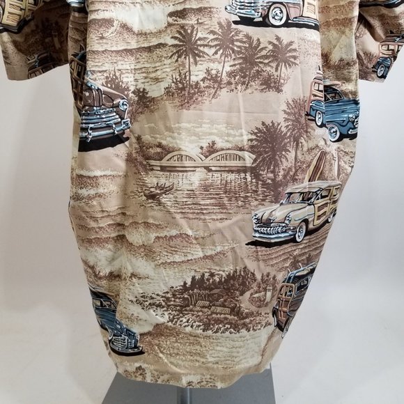 Kai Hawaii Hawaiian Shirt Woodie Wagon Car Beach Palm Tree 2XL XXL Brown Button - Picture 7 of 10